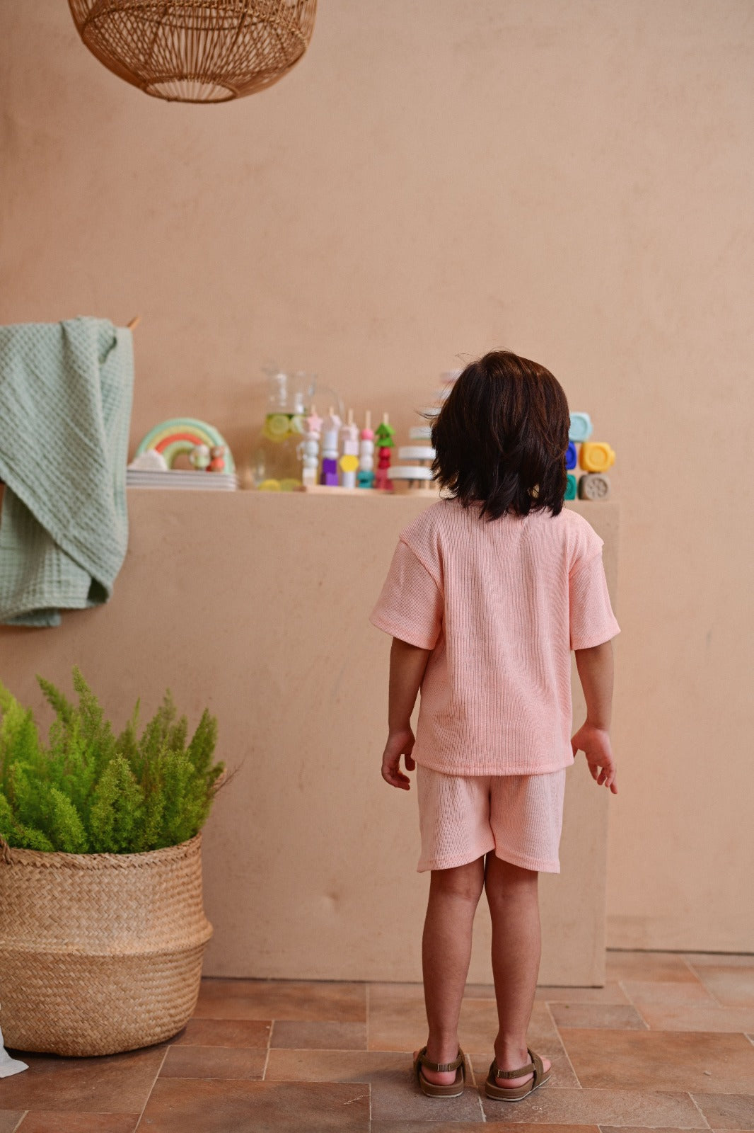 Line Textured Pink Shirt with Shorts