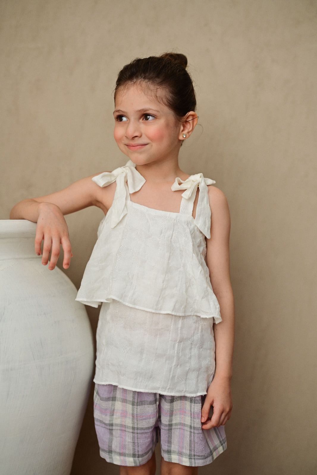 Textured white Top with chequered Linen Shorts