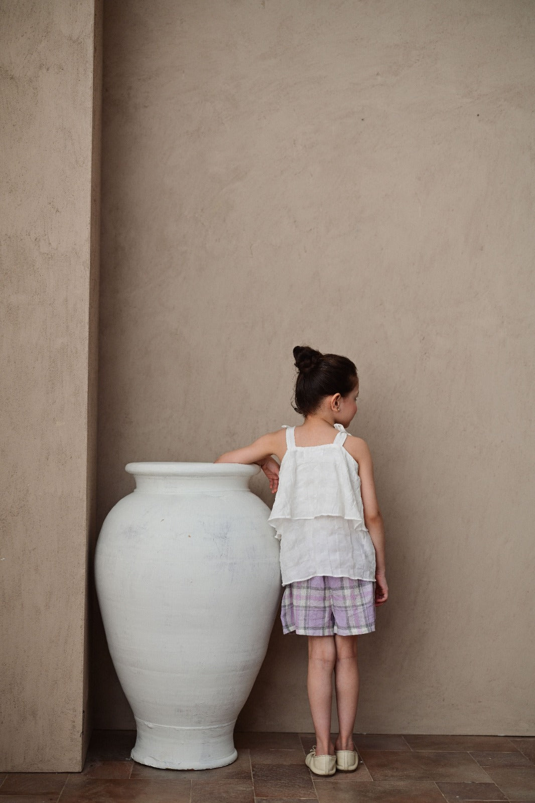 Textured white Top with chequered Linen Shorts