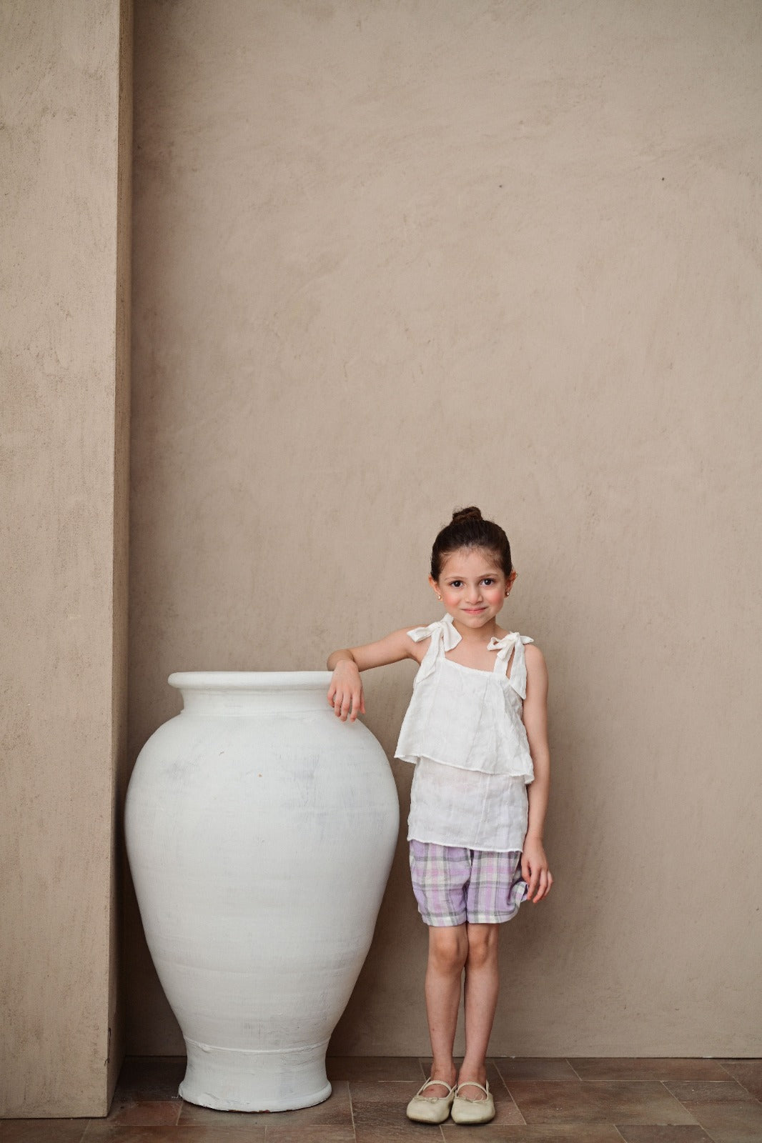 Textured white Top with chequered Linen Shorts