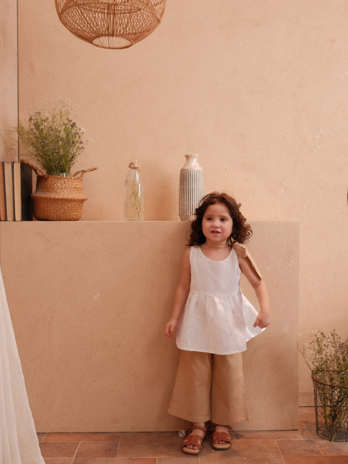 White Linen Top with Bow and Textured Pants