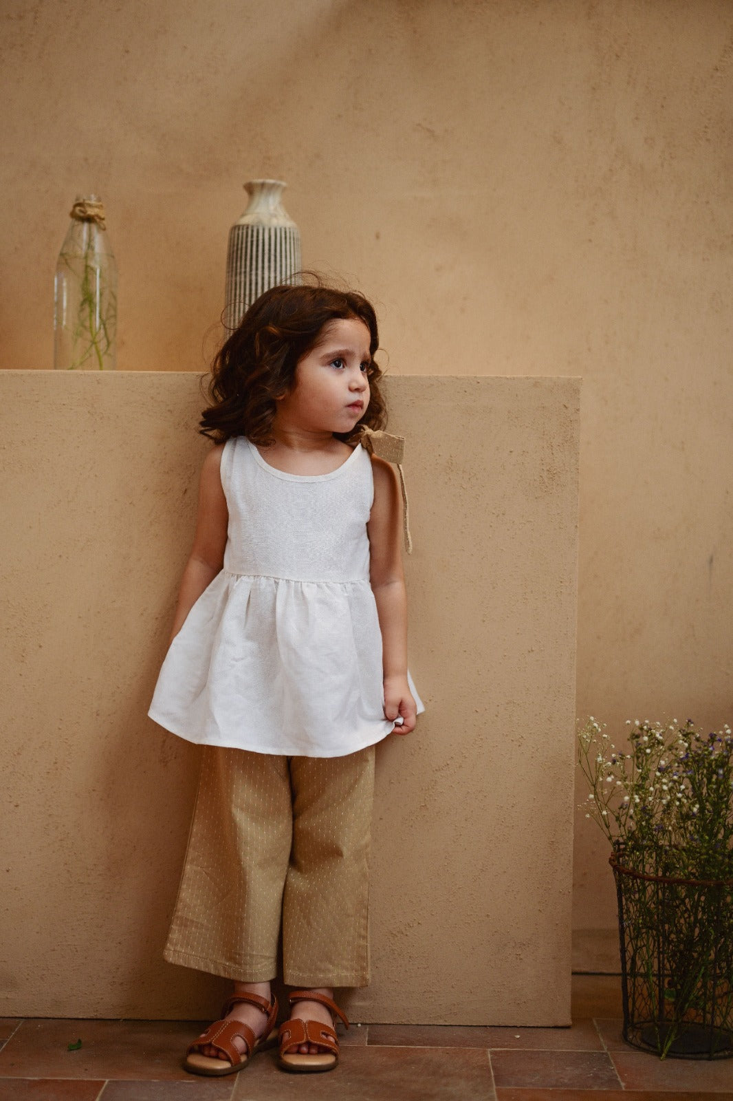 White Linen Top with Bow and Textured Pants