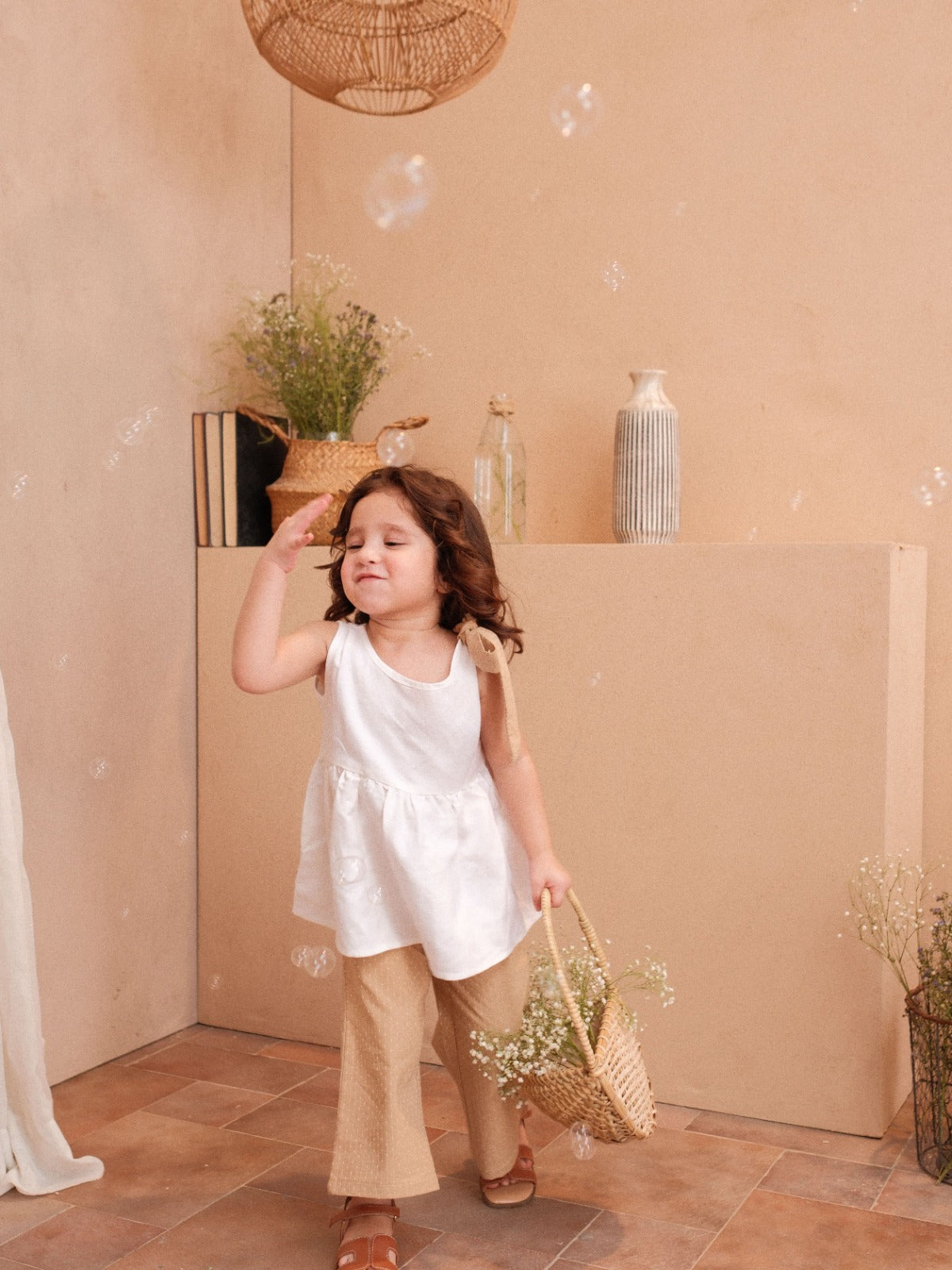 White Linen Top with Bow and Textured Pants