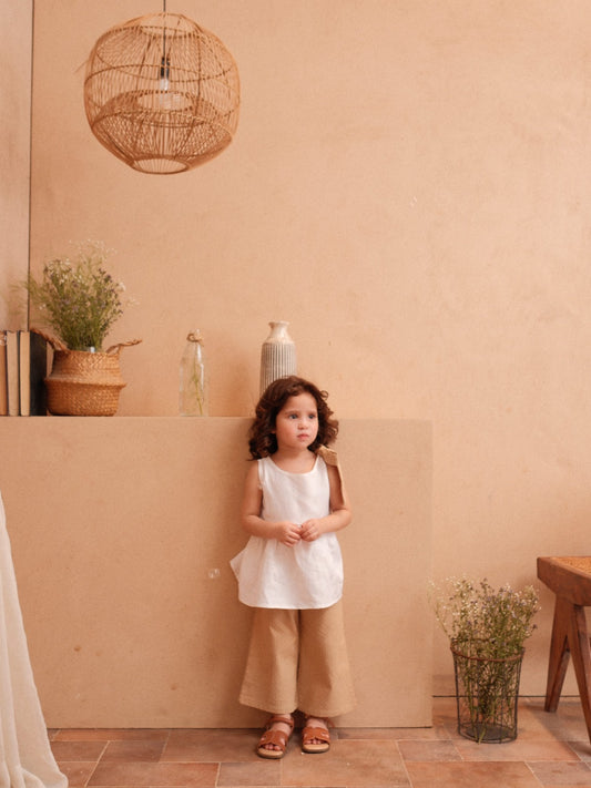 White Linen Top with Bow and Textured Pants