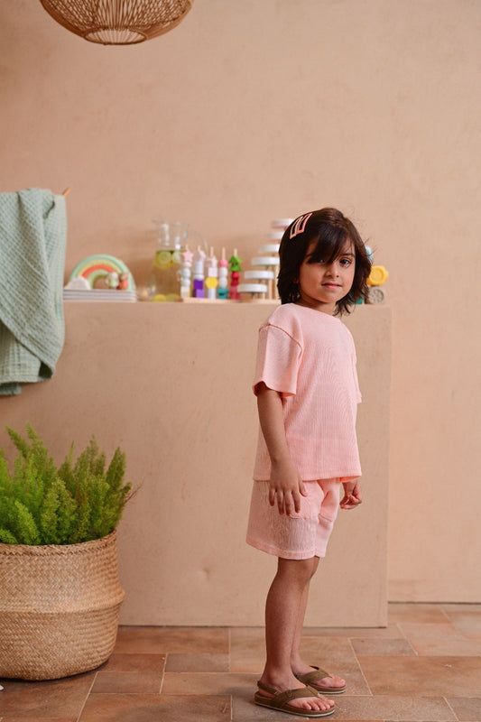 Line Textured Pink Shirt with Shorts